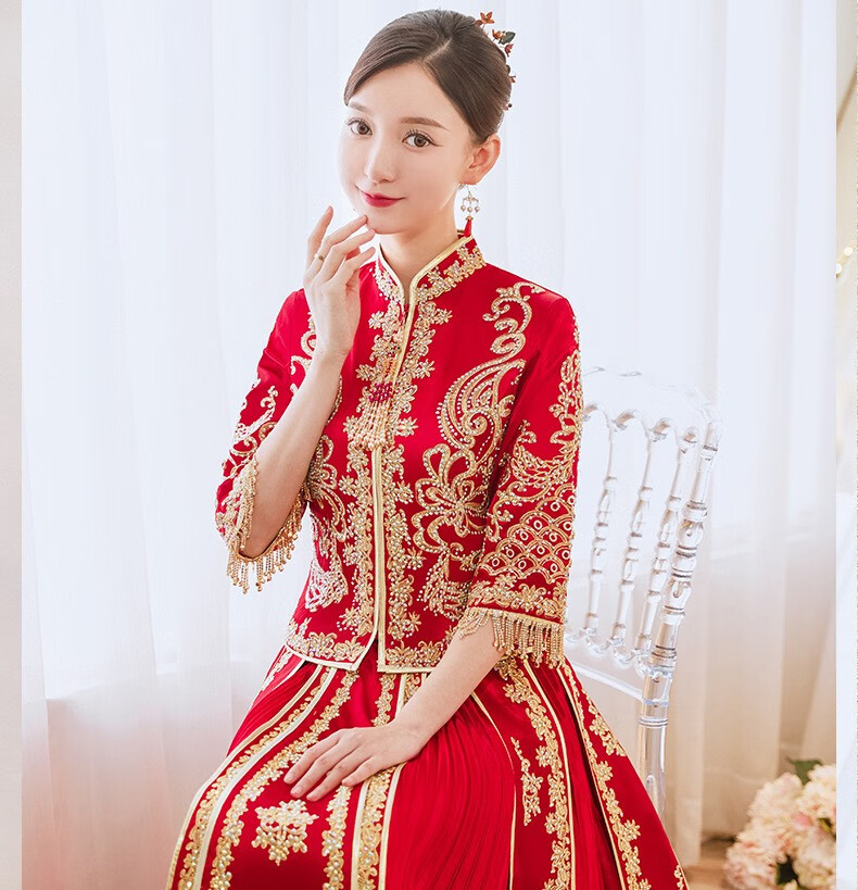 红衣金线秀禾服新娘2020中式婚纱礼服敬酒服古装结婚嫁衣龙凤褂20百褶