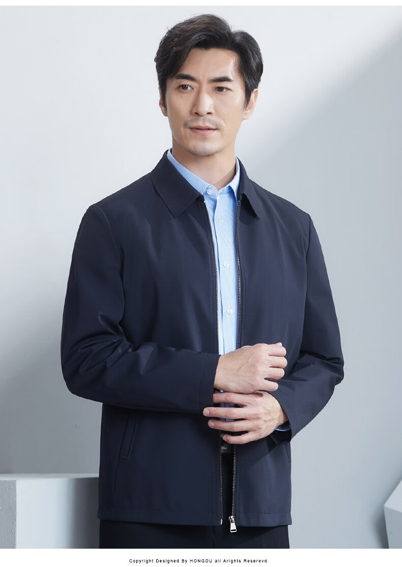 红都夹克男中年商务正装领导风上班干部开会可水洗微弹料男装外套 藏