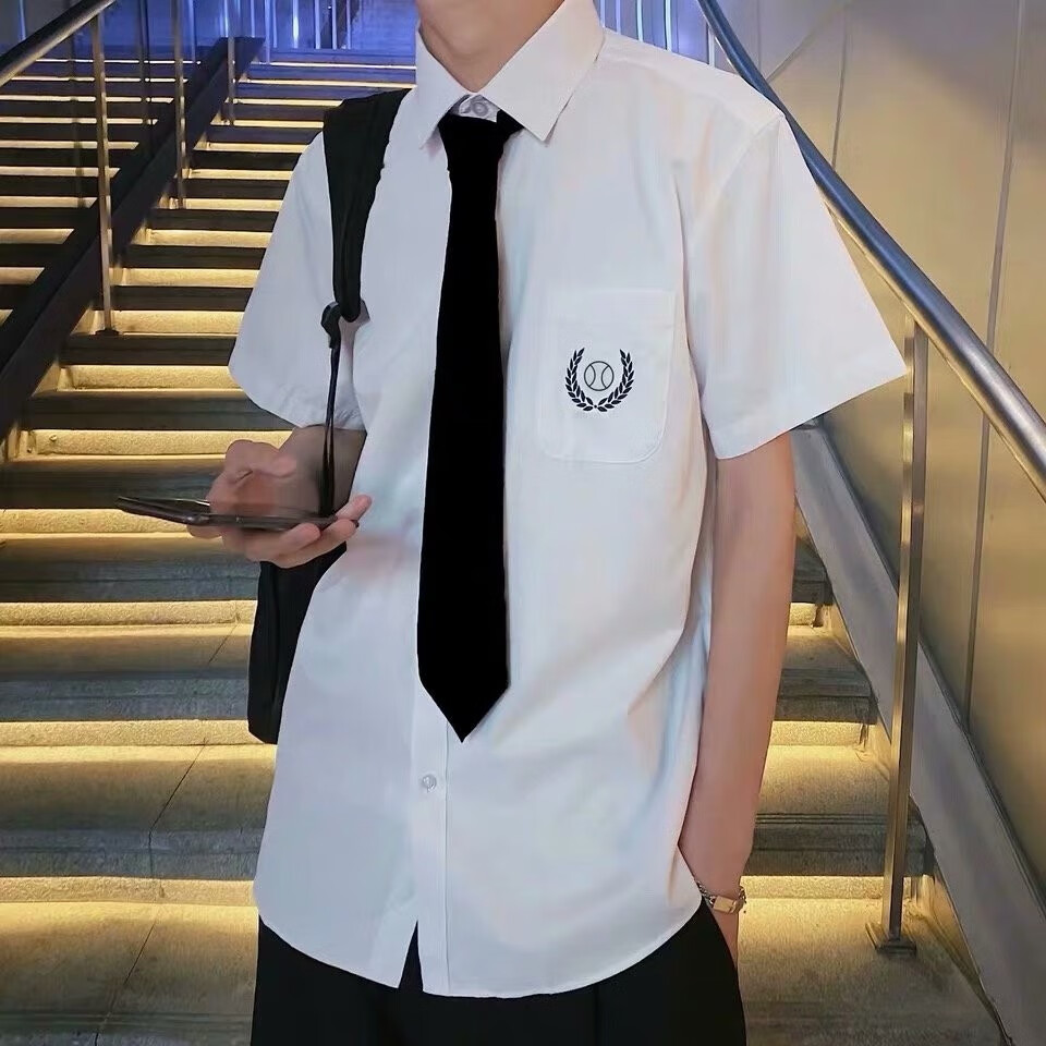 衬衫男roora情侣装短袖夏季新款韩版宽松bf微章刺绣衬衫百搭学生班服