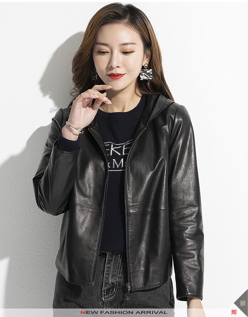 颖辉 真皮皮衣女海宁绵羊皮短款连帽外套女式韩版休闲上衣女士年轻款