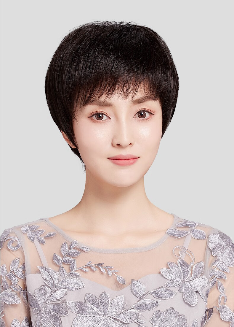 尚美莱中老年假发女短发送妈妈真人发丝圆脸发型自然头套假发短发女深