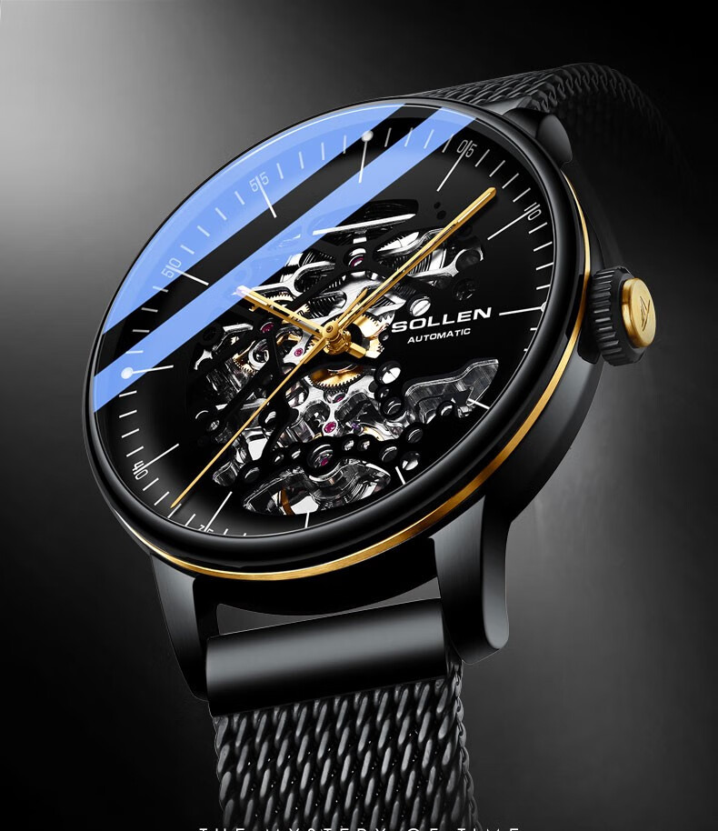 瑞士名表梭伦手表男雕花双面镂空夜光防水多功能全自动机械表2021新款