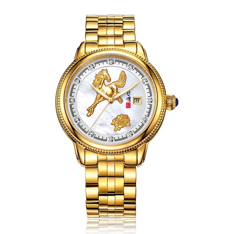 拍卖珍品限量签名款徐悲鸿奔马金钻玉纪念腕表廖静文女士国家级钟表