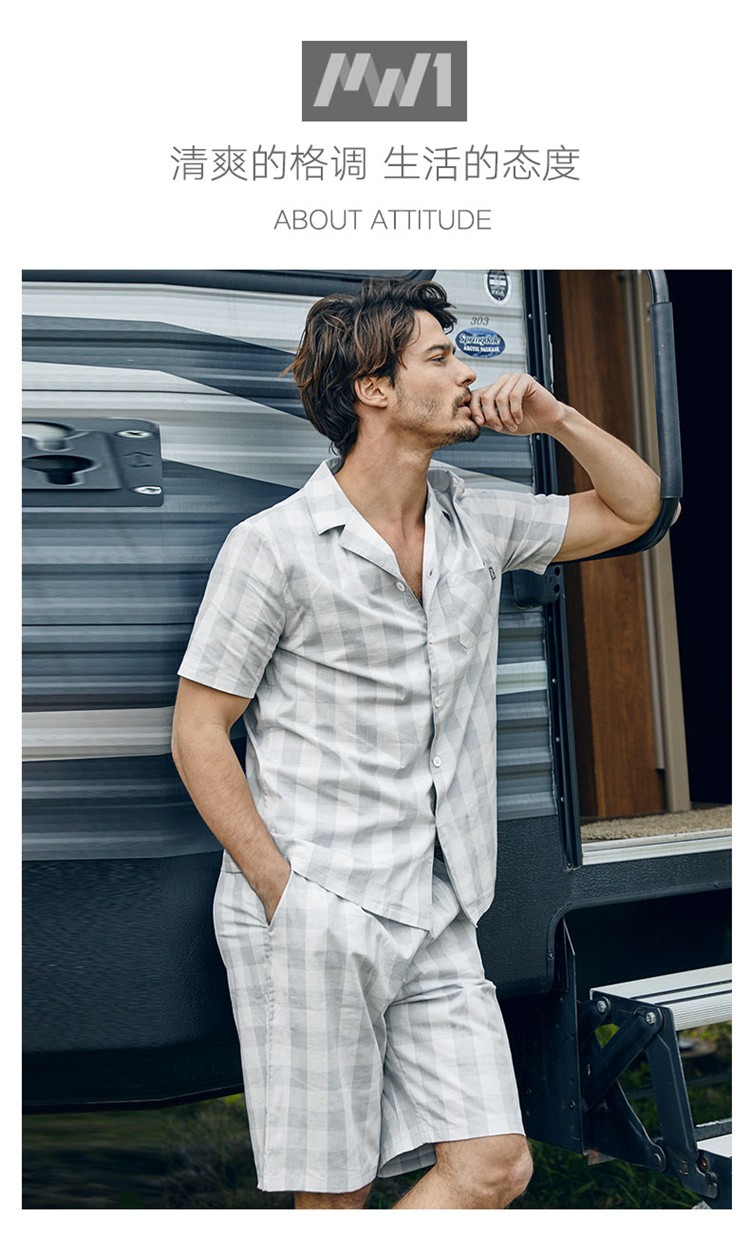 纯棉男士睡衣薄款全棉短袖男士家居服 浅蓝色 170(m)【图片 价格 品牌