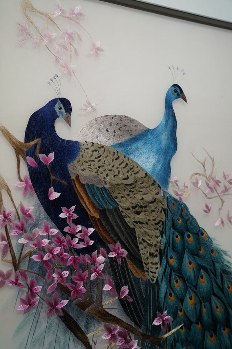 玄关装饰画现代中式中国风纯手工孔雀艺术品刺绣画相伴一生65125cm