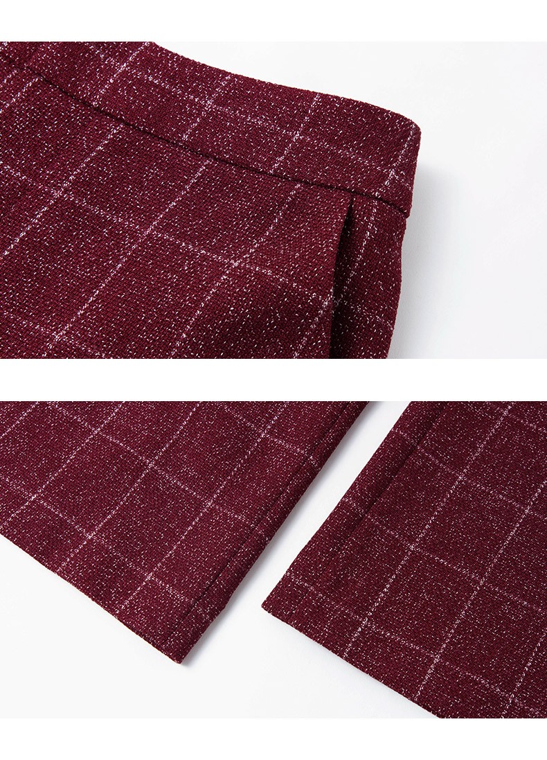 fleurwood复古格纹西装套装新款女春季酒红色长袖外套直筒九分裤两件