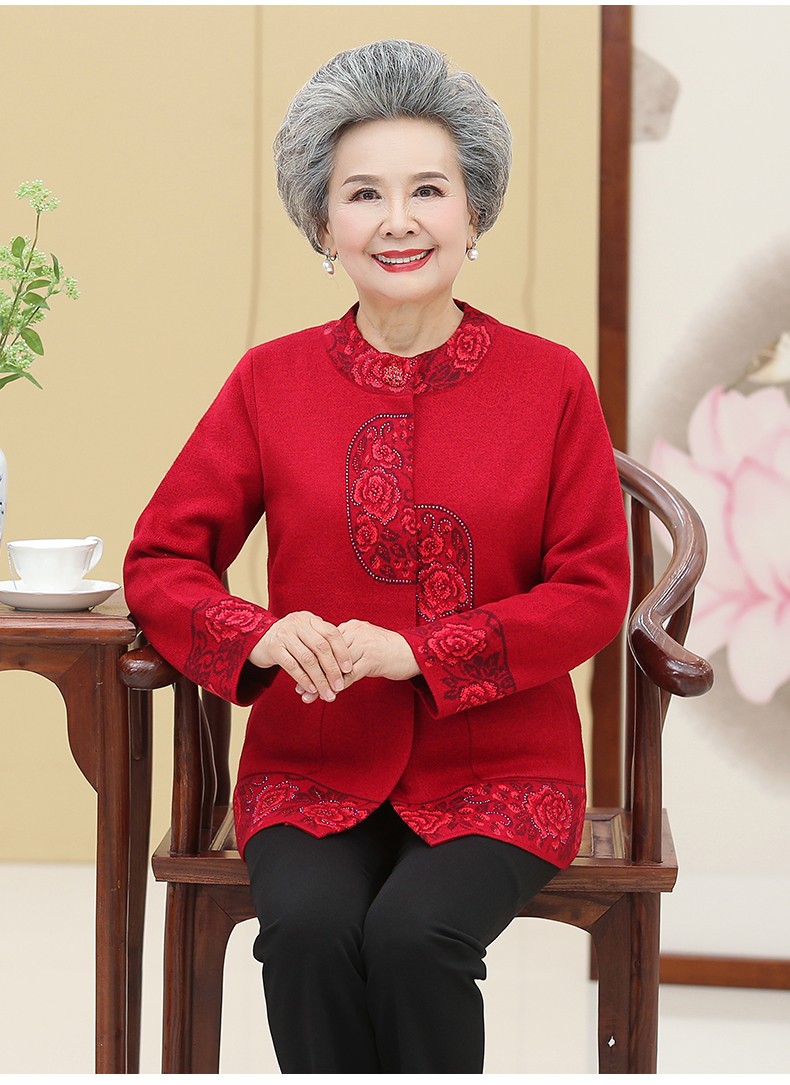 莎比菲奶奶装唐装外套中老年人女装老人衣服妈妈装春秋针织上衣喜婆婆