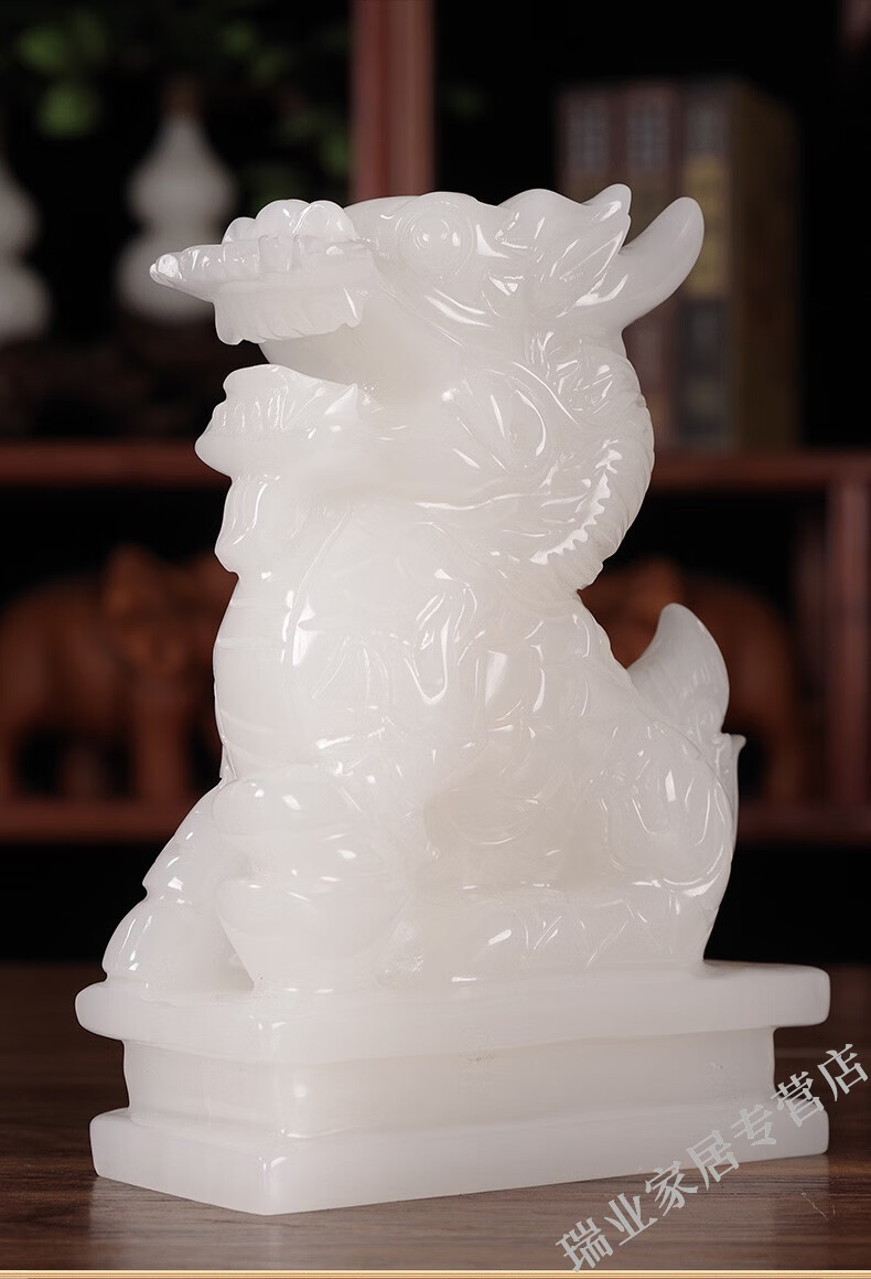 汉宫 祥瑞玉石麒麟摆件一对风水客厅玄关酒柜摆设高档乔迁开业商务