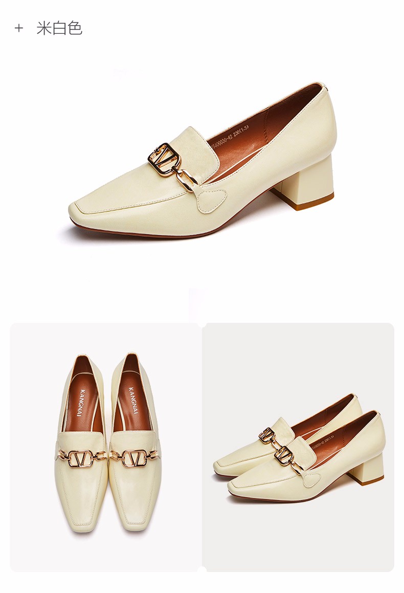 康奈女鞋 2020年秋季女士新款单鞋复古金属扣真皮方头粗跟套脚小皮鞋