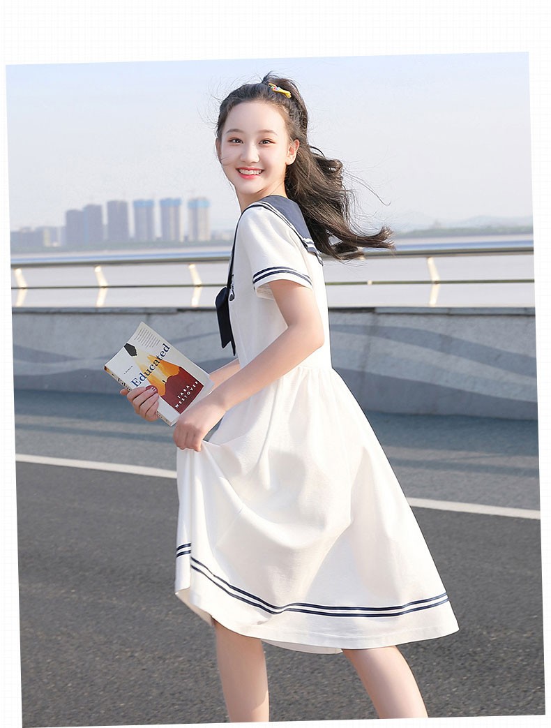 大童少女连衣裙女初中学生日系海军风裙子小学生夏装学院风裙子白色