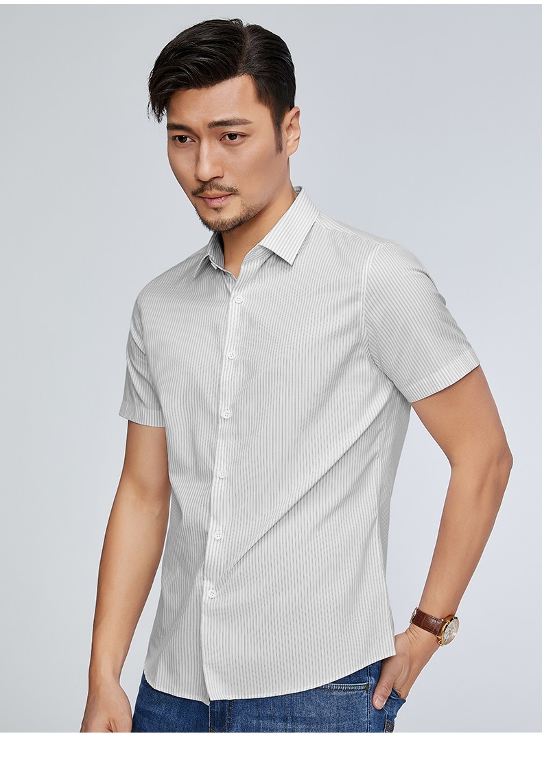 百斯盾短袖衬衫男纯棉百搭条纹商务时尚休闲正装翻领短袖上衣男士浅