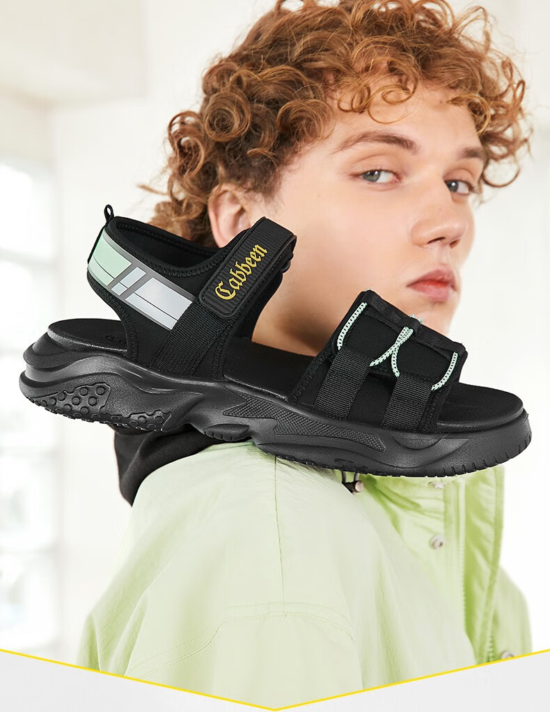 cabbeen卡宾凉鞋男夏季新款凉拖撞色潮流沙滩鞋韩版透气厚底鞋子沙色