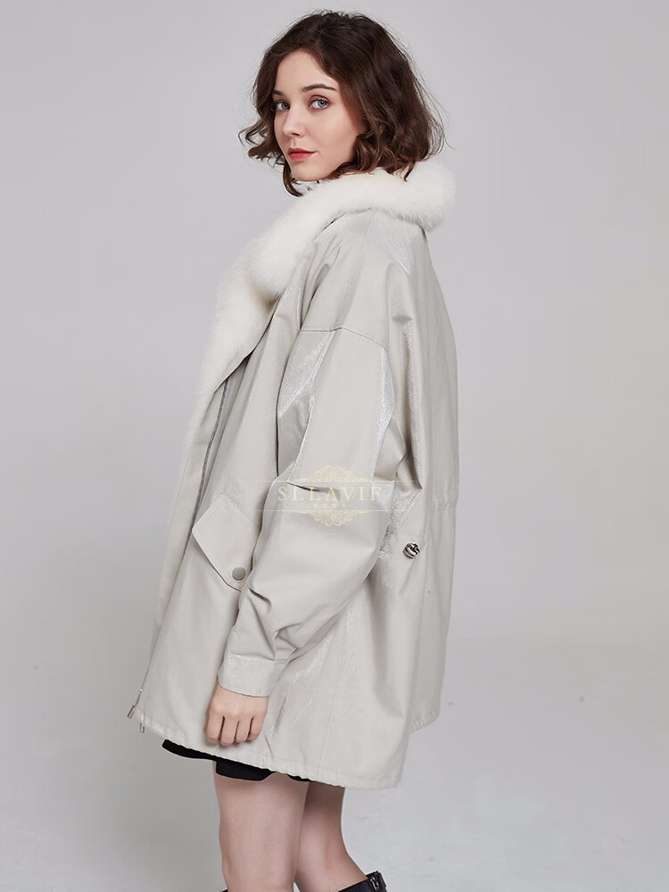 sllavif萨拉维夫品牌女装皮草外套女2021新款派克服女獭兔毛内胆狐狸