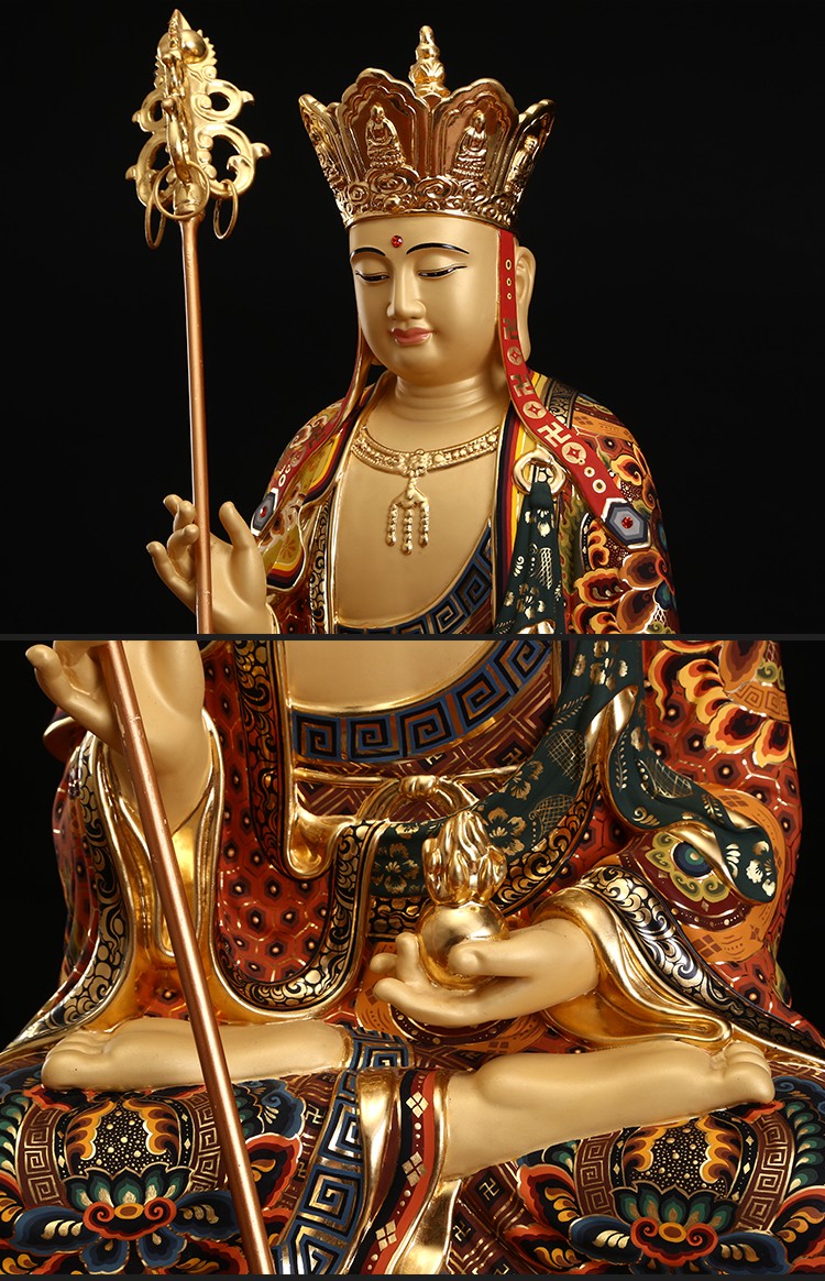 圆通佛具地藏王菩萨佛像台湾纯铜手工彩绘贴金地藏王菩萨娑婆三圣佛像