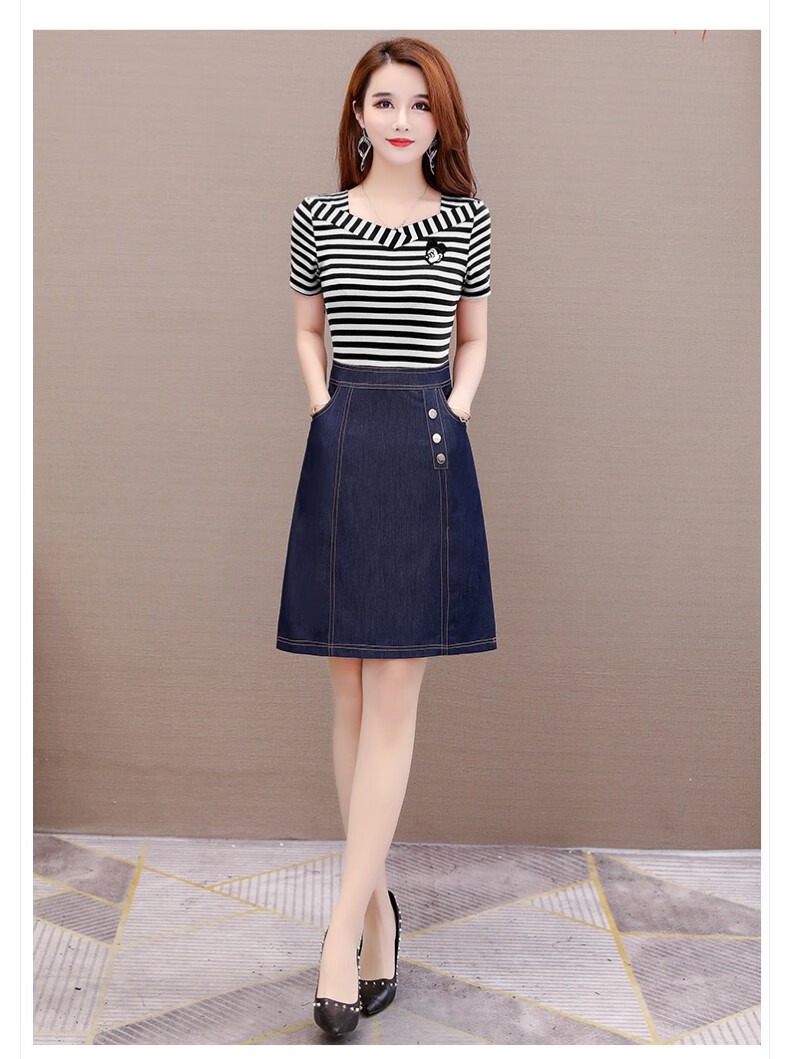 妮熙亚条纹牛仔拼接短袖连衣裙女假两件套2020夏季新款时尚休闲气质贵