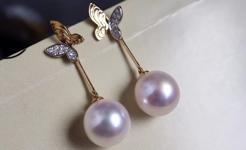 pearlboat akoya蝴蝶珍珠耳环 海水珍珠耳环18k金镶轻奢耳饰送女友