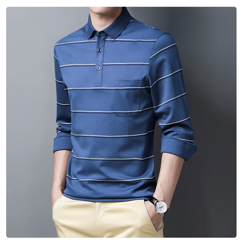 爸爸装宽松百搭翻领条纹长袖汗衫商务休闲中年男士休闲长袖t恤polo衫
