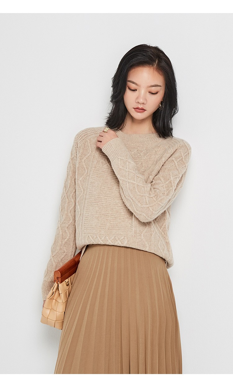 金菊女装2020秋冬新款女士圆领绞花纯羊毛毛衣宽松显瘦羊毛衫女长袖套