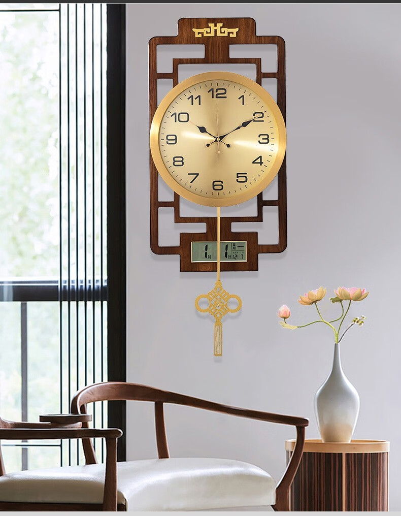 禾万瑞新中式挂钟客厅时钟家用时尚中国风轻奢大气钟表书房纯铜古典挂