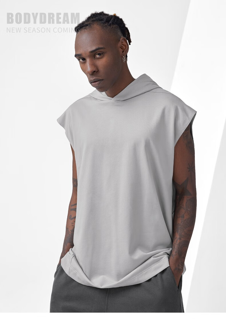 bodydream夏季新款无袖帽衫纯棉针织美式休闲潮流宽松连帽背心男 灰色