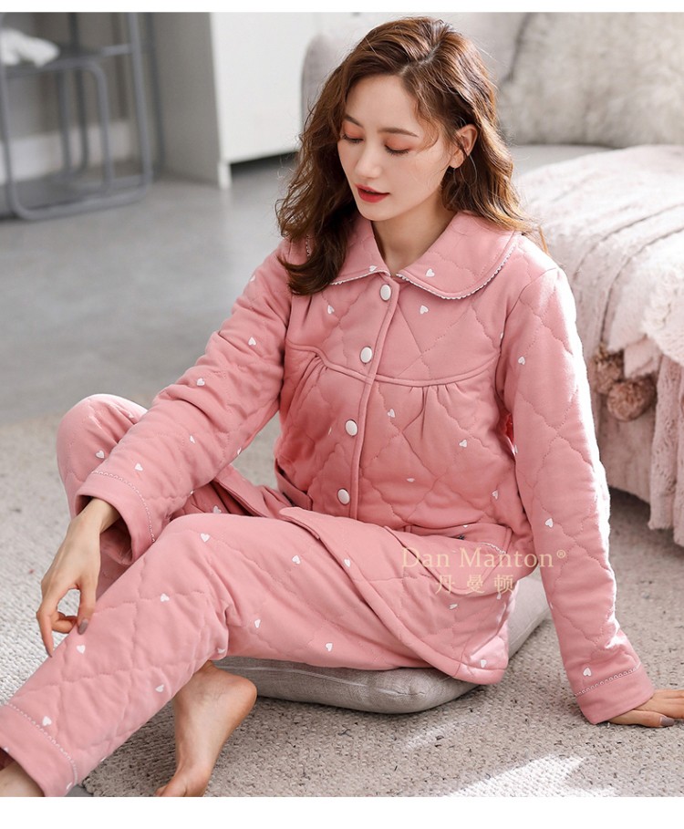 丹曼顿冬季加厚款睡衣女秋冬款纯棉家居服夹棉袄全棉保暖冬天套装 扣