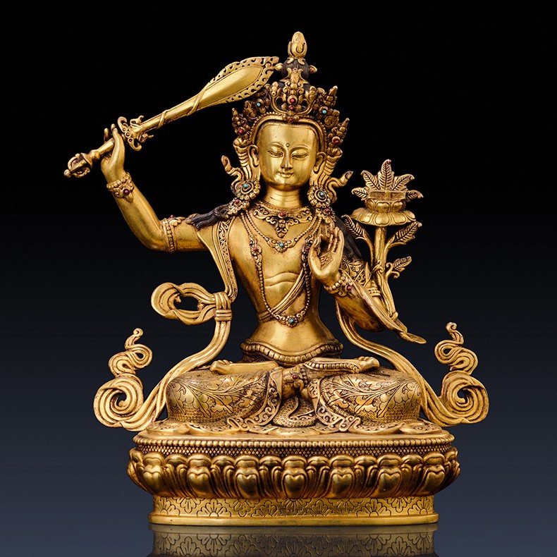盛凡文殊普萨佛像黄铜鎏金密宗文殊菩萨家用供奉摆件藏传佛教用品