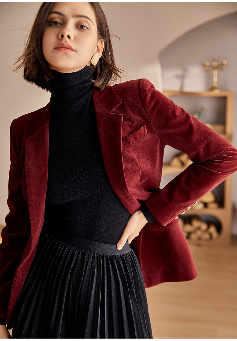 罗衣气质枣红色丝绒西装外套女2020冬装新款天鹅绒修身西服03165 枣