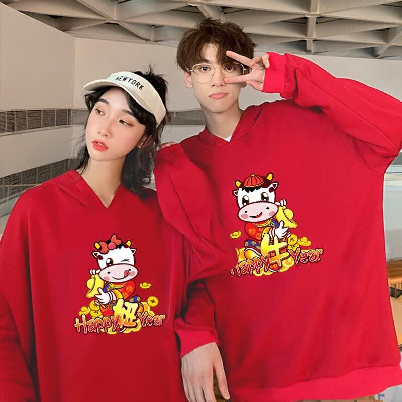 溪希情侣装2021年秋冬季新年款牛年本命年衣服大红色情侣连帽卫衣加绒