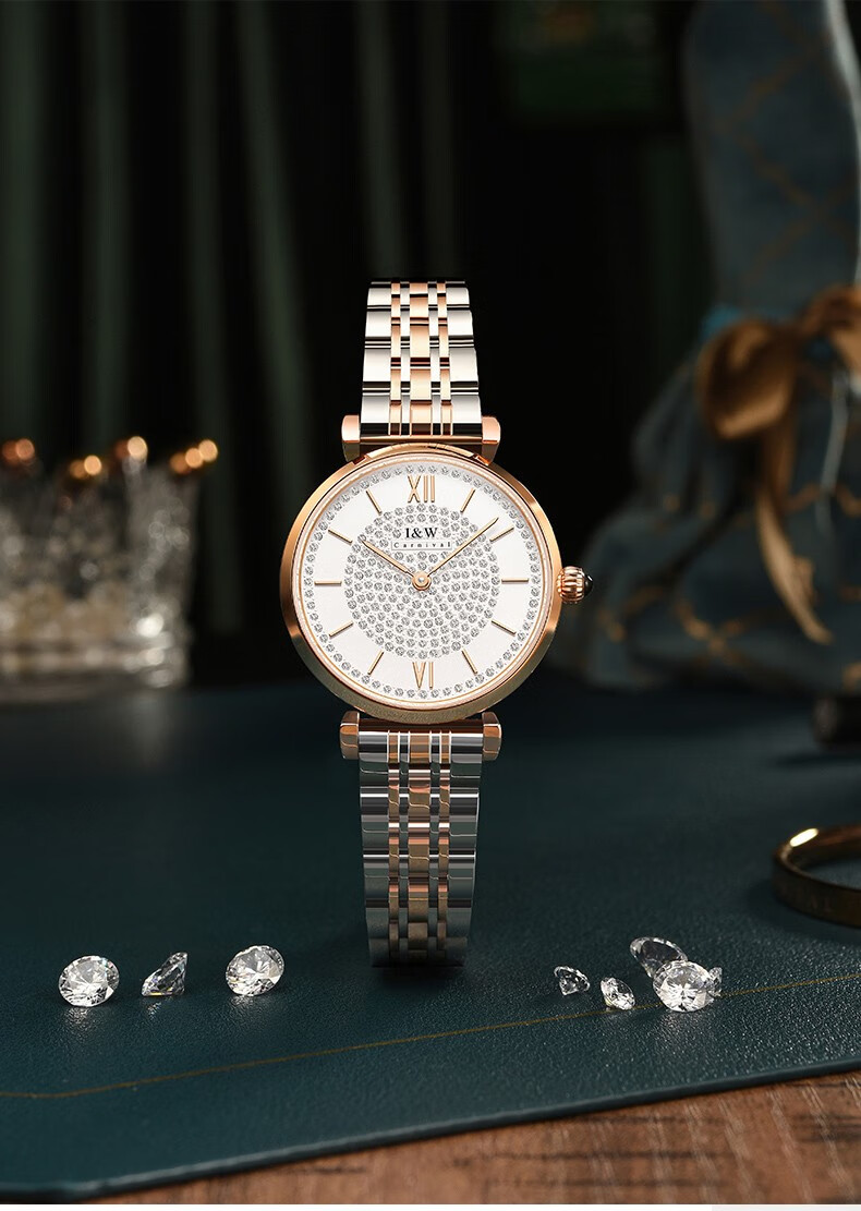 瑞士爱沃驰iw满天星系列双按蝴蝶扣璀璨轻奢石英手表女士表 间玫钢2年