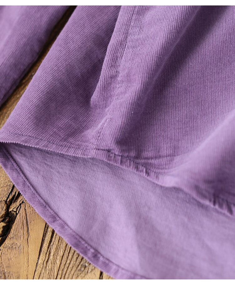 代勒原创2021春季新款文艺全棉灯芯绒衬衫女纯色翻领休闲宽松上衣紫色