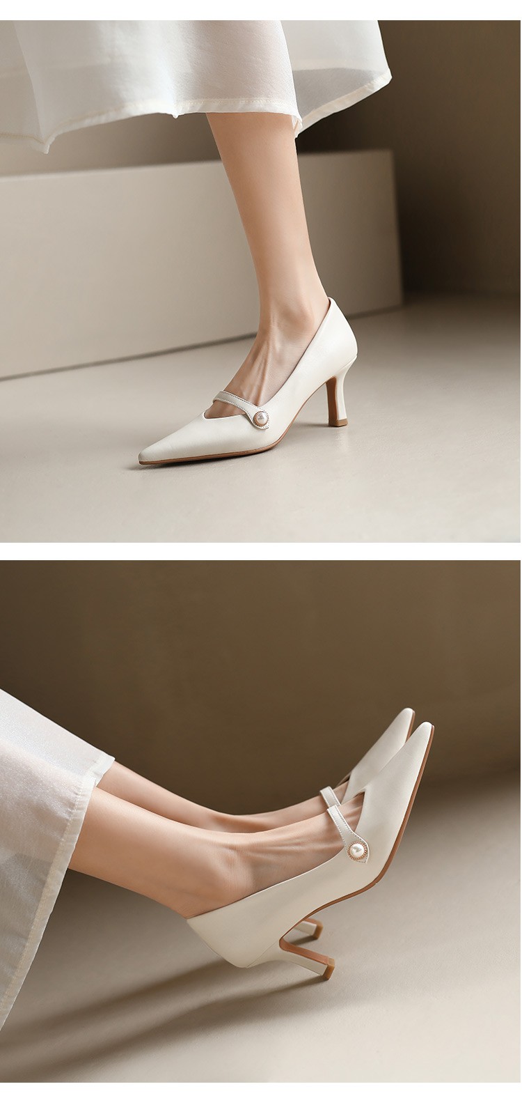 一米路高跟鞋女尖头细跟浅口单鞋2022春季新款牛皮复古上班工作鞋时装