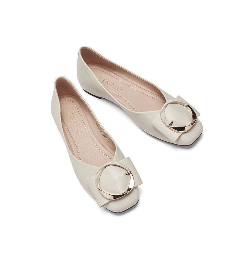 戈美其单鞋秋季新款浅口圆头蝴蝶结女平底鞋低跟舒适休闲女鞋 米白色