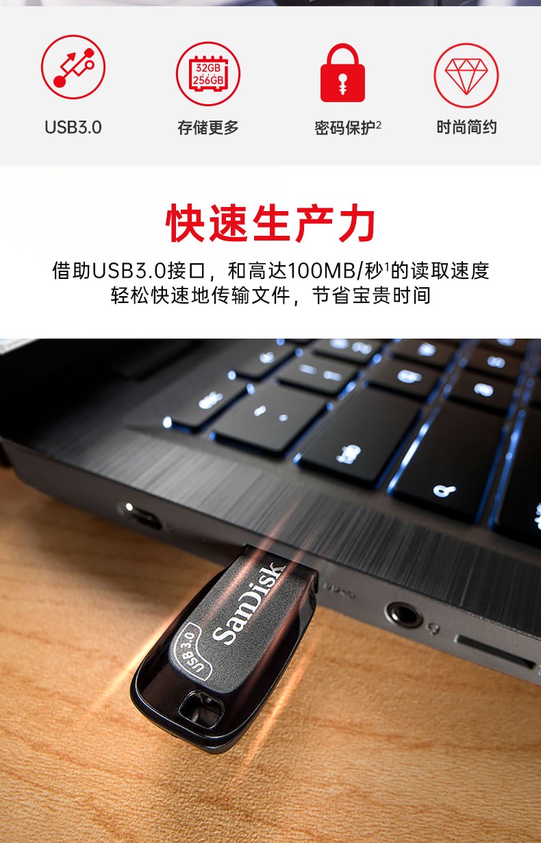 闪迪sandiskcz410u盘usb30加密迷你创意商务优盘usb闪存盘256g官方