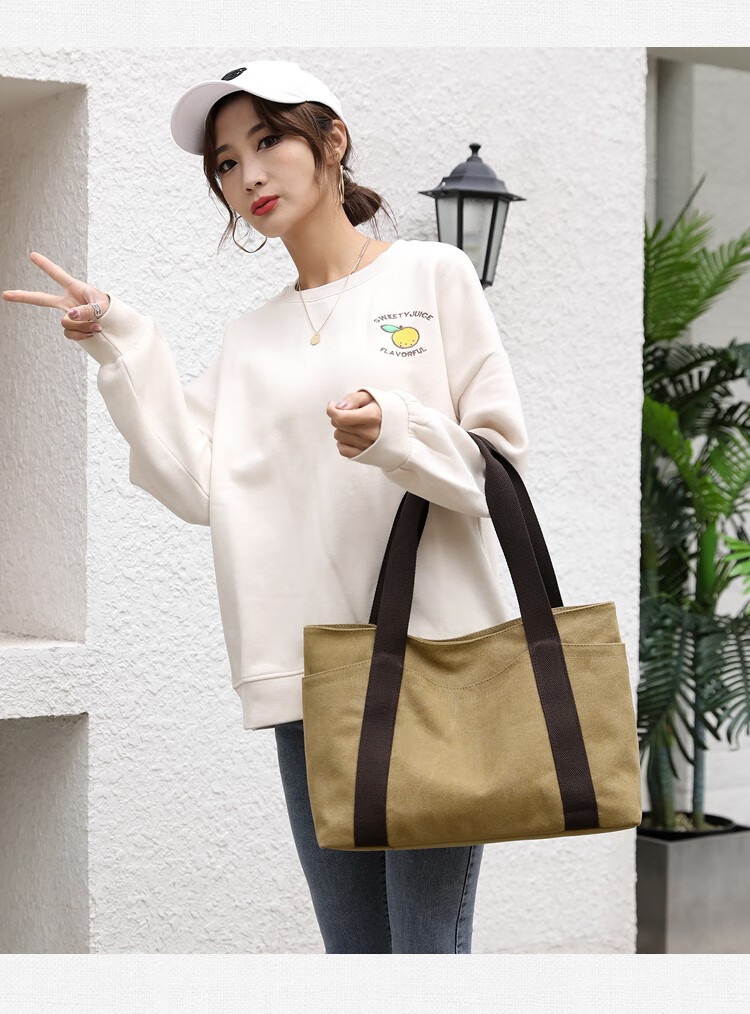 fgacct帆布包女休闲单肩手提大容量帆布兜布袋纯色简约大学生上课书包