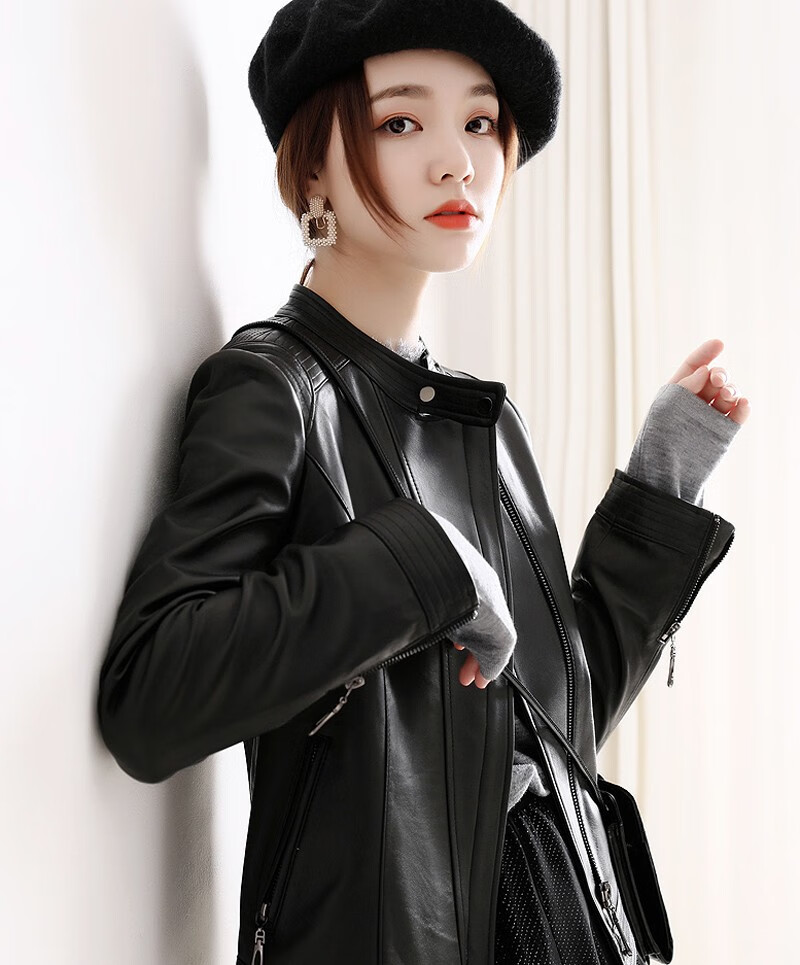 touch miss塔驰密司女装 2020秋冬帅气质感头层小羊皮小立领冷酷机车