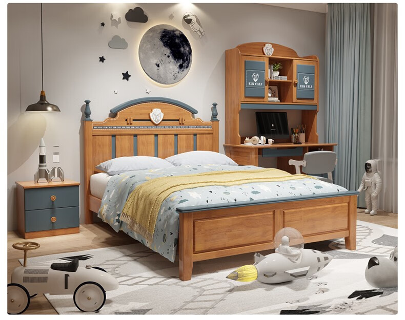 闽行儿童实木床男孩床15米小孩12米床学生蓝色儿童房书桌衣柜家具单床