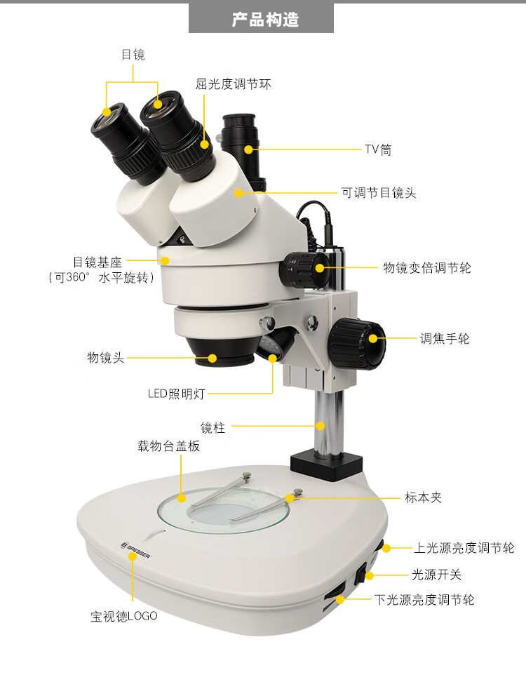 德国宝视德体视显微镜主板维修品检大视场上下光源亮度可调生物解剖镜