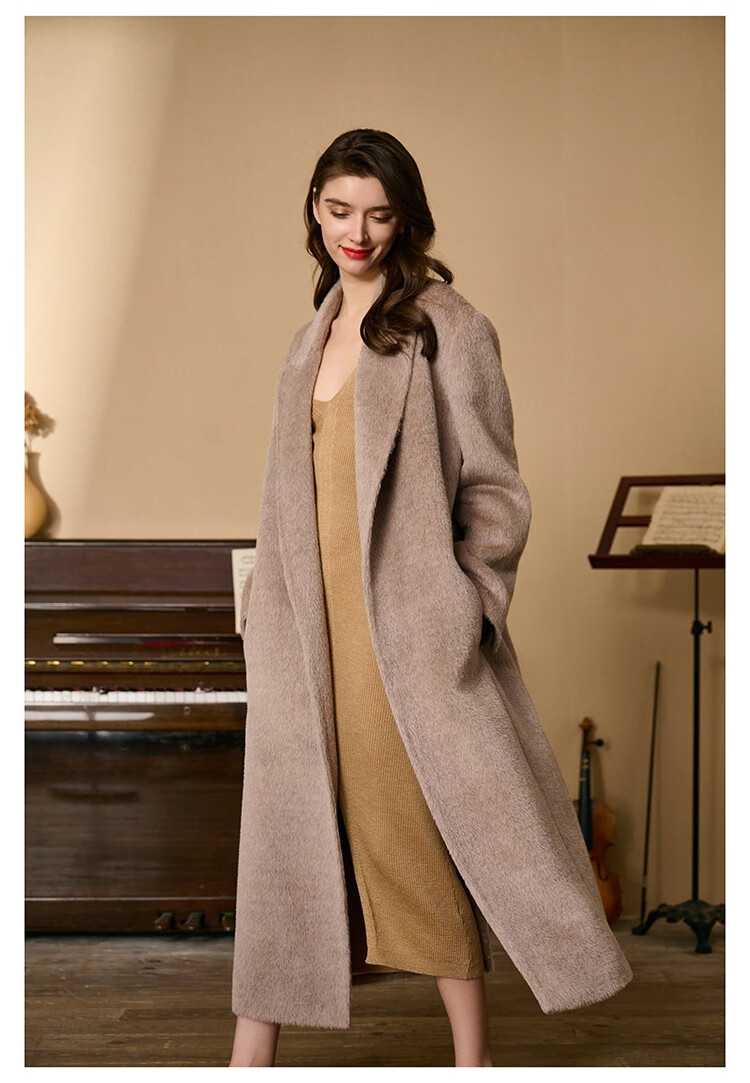 瑟俐品牌高端通勤燕麦色苏力双面羊驼绒大衣女中长款加厚毛呢外套冬季