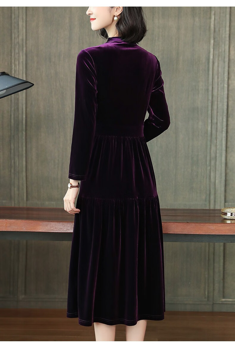 品牌女装金丝绒连衣裙女秋季新款长袖高腰修身显瘦气质减龄中长裙