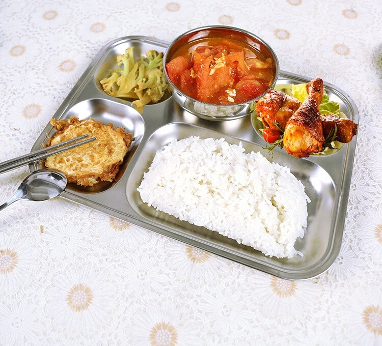 不锈钢餐盘快餐盘幼儿园学生儿童食堂长方形三格圆盘分格盘子碗勺筷三