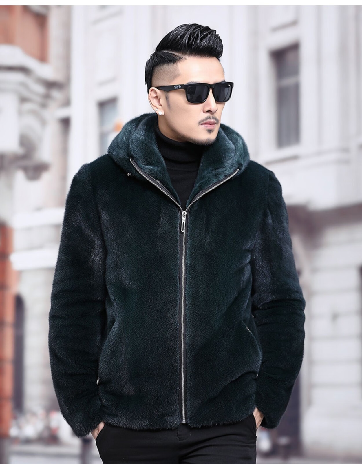 狄派斯进口海宁貂皮大衣整貂连帽天鹅绒水貂短款男皮衣皮草青年裘皮