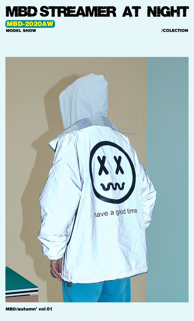 国潮专营mbd小恶魔鬼脸秋冬款情侣装潮牌笑脸反光两面穿夹克男衣服