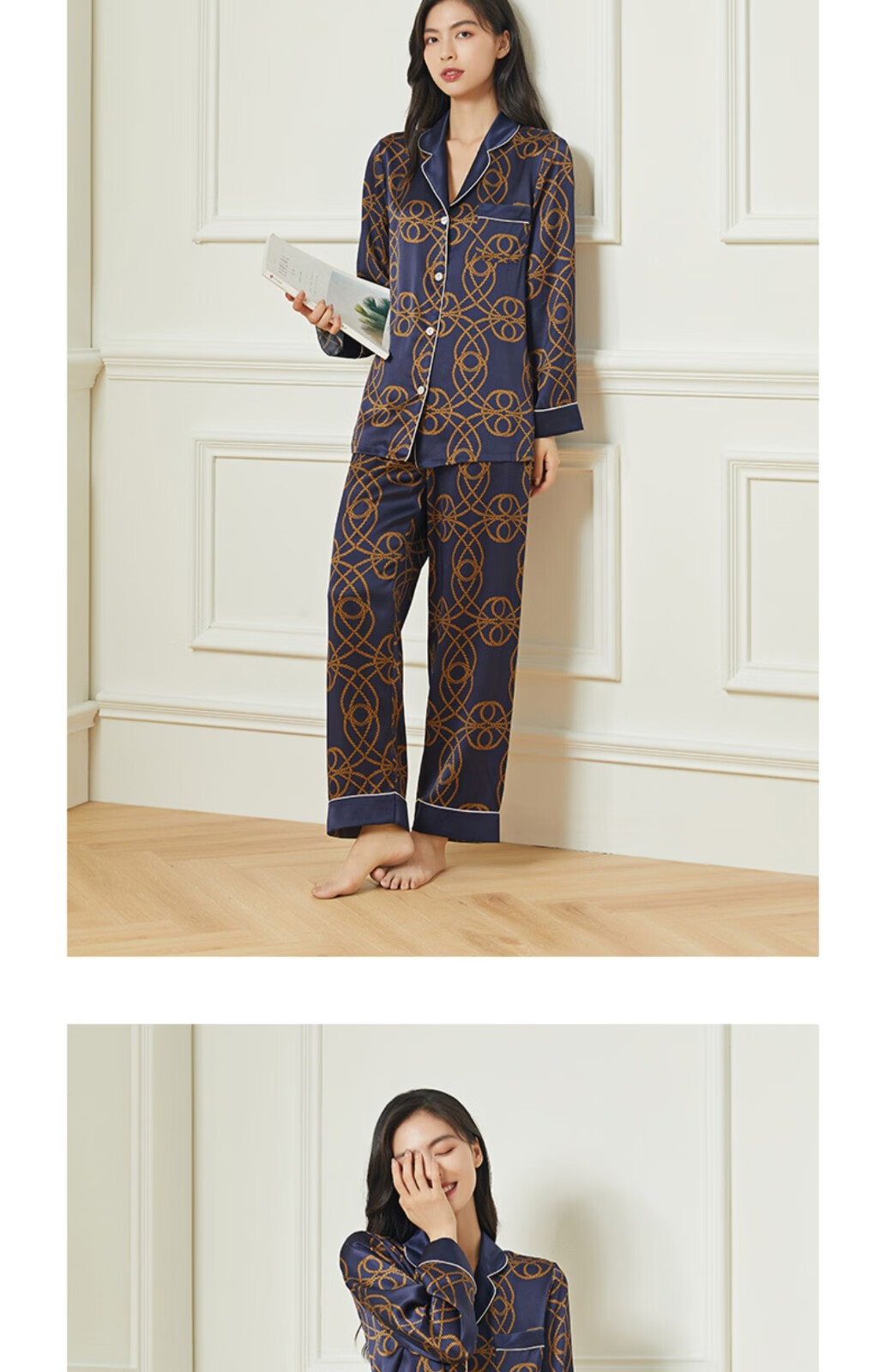 wensli万事利睡衣女真丝100桑蚕丝可外穿美肤气质时尚长袖睡衣女士