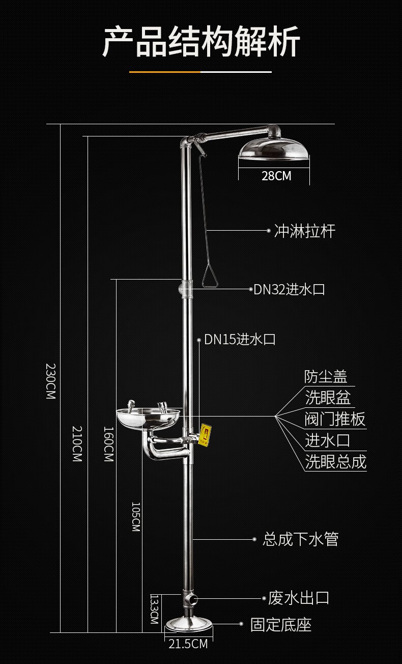 304不锈钢复合喷淋洗眼器双口防冻冲淋验厂紧急实验室喷塑abs洗眼 abs