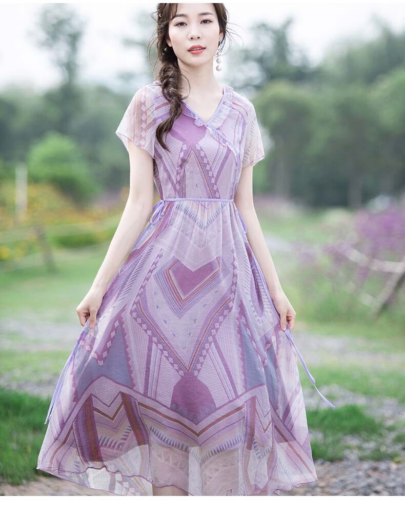 烟花烫优雅连衣裙女2020夏季新款清新收腰v领飘逸印花长裙tk 柔磬 紫