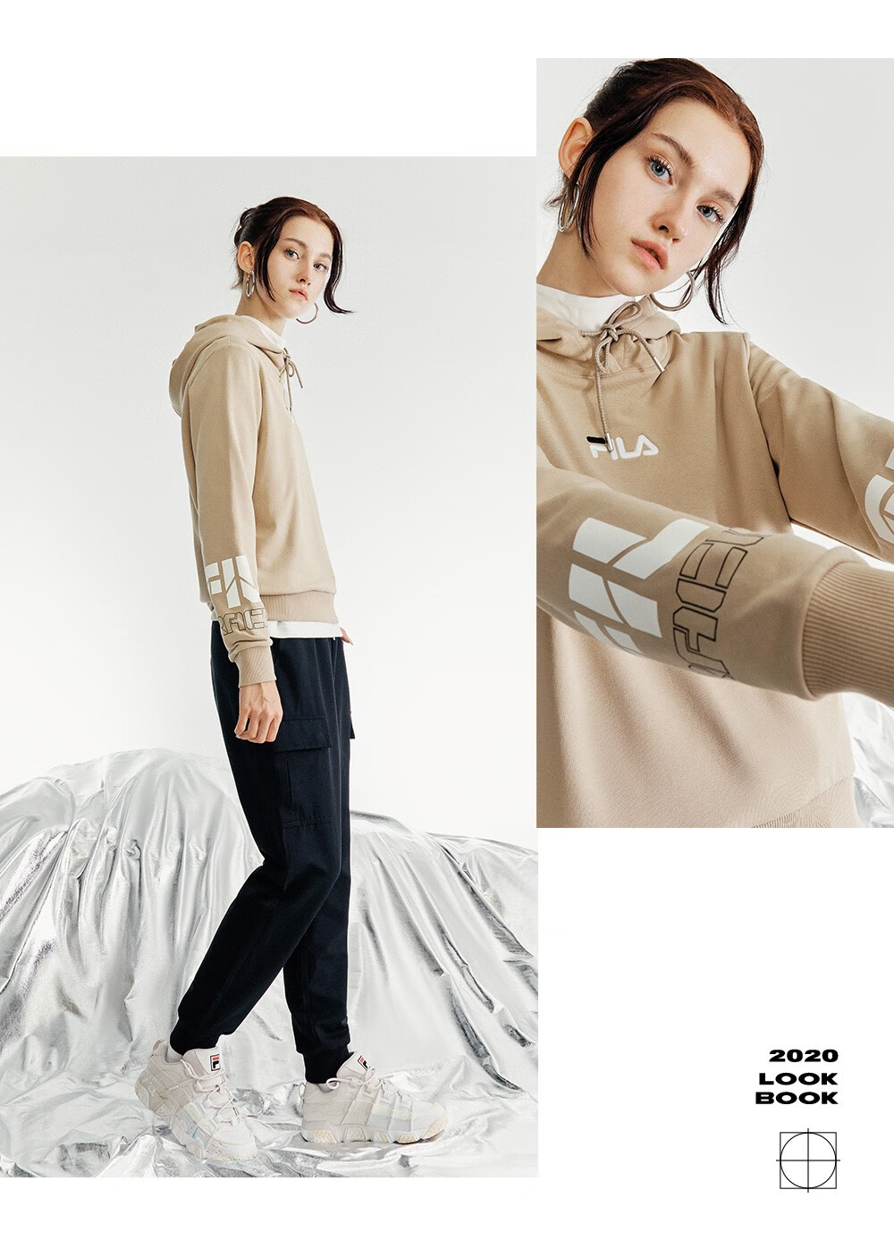 fila fusion 斐乐 女子连帽卫衣 2020秋季新款时尚运动潮流女装 浅棕