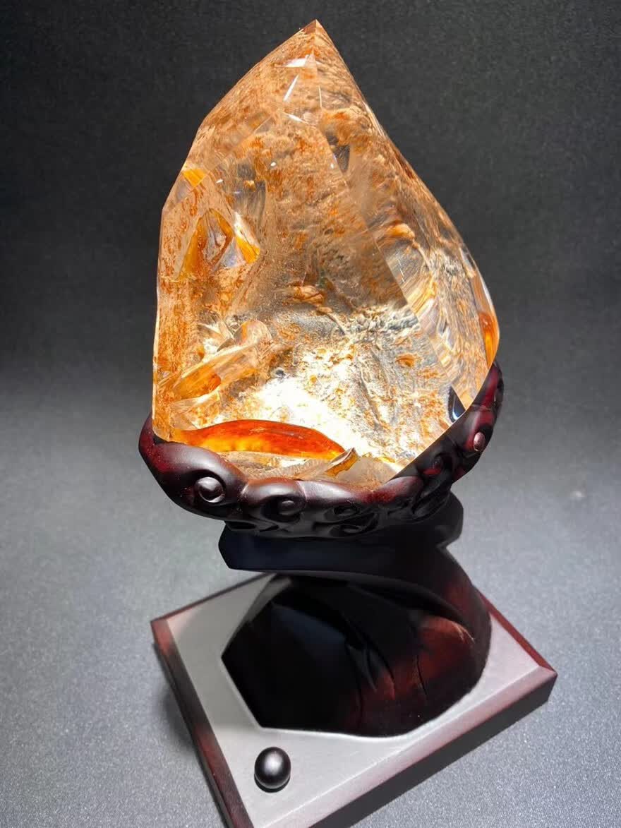 诺源珠宝天然红胶花原石水晶观赏石摆件晶莹剔透精致黑檀底座外形完整