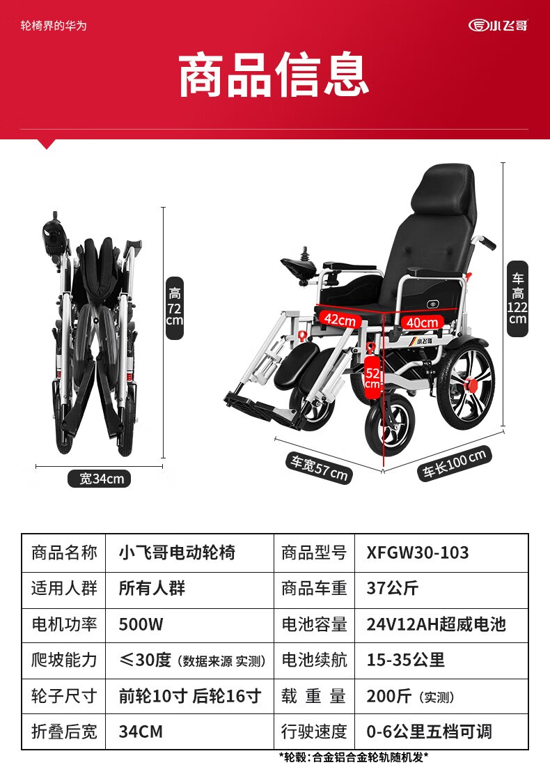 小飞哥电动轮椅车大轮大锂电池折叠轻便可带坐便器智能全自动老年人