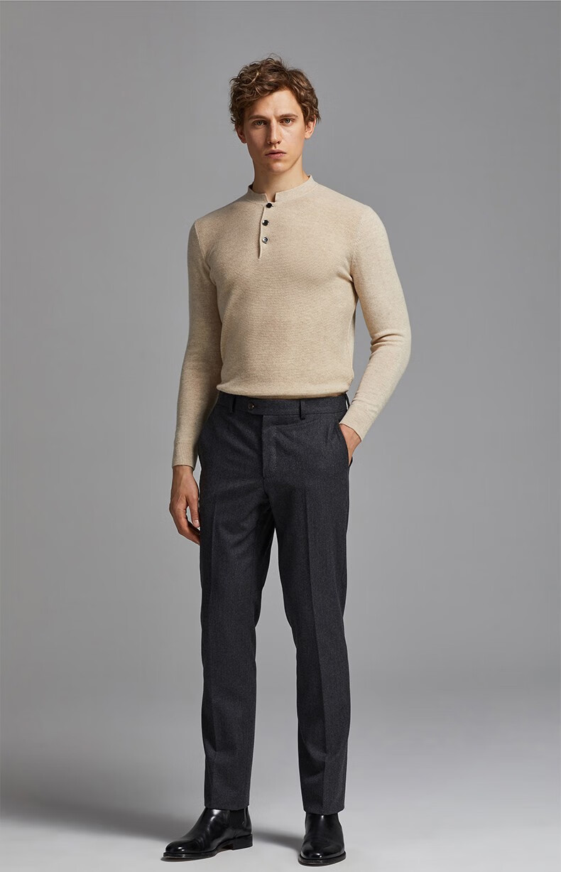 bycreations柏品男士羊绒混纺面料亨利领毛衣套头针织衫毛衫男米色48