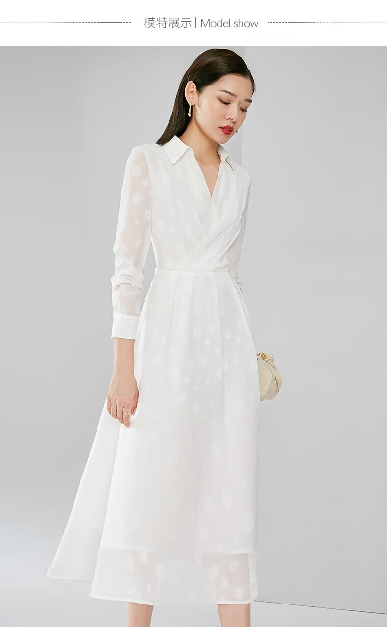 晚白2022年春款休闲淑女减龄v领长袖高腰衬衫连衣裙子长裙白色s